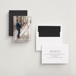 This is a ebony foil stamped save the date cards with foil pressed by Kaydi Bishop called scalloped border printing on recycled smooth signature in standard