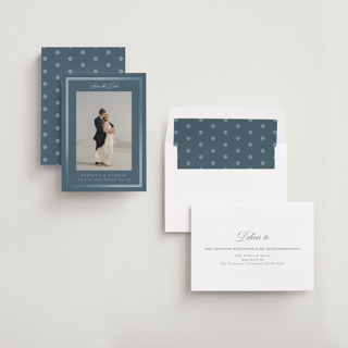 This is a lagoon foil stamped save the date cards with foil pressed by Deynaaz Daraei called ahlum printing on recycled smooth signature in standard