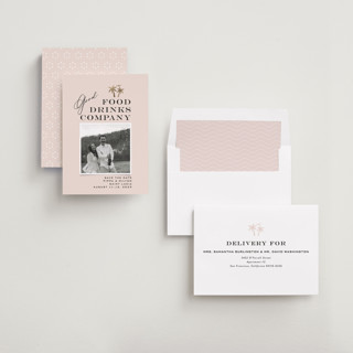 This is a blush foil stamped save the date cards with foil pressed by Laura Hamm called tropical getaway printing on recycled smooth signature in standard
