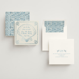 This is a ocean foil stamped save the date cards with foil pressed by Pati Cascino called puglia printing on signature in square