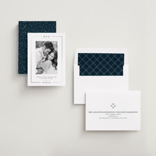 This is a midnight foil stamped save the date cards with foil pressed by Meagan Christensen called alcott printing on recycled smooth signature in standard