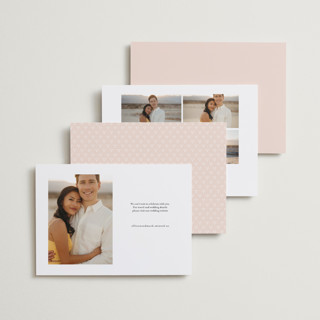 This is a blush foil stamped save the date cards with foil pressed by Sara Hicks Malone called scripted printing on recycled smooth signature in standard