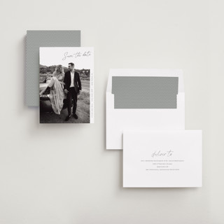 This is a fog foil stamped save the date cards with foil pressed by Sara Hicks Malone called truly printing on recycled smooth signature in standard
