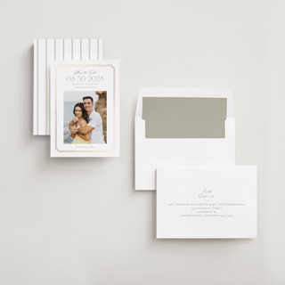 This is a cotton foil stamped save the date cards with foil pressed by Robert and Stella called parque printing on recycled smooth signature in standard
