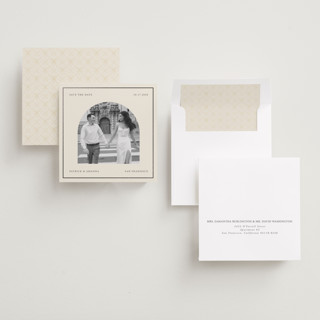 This is a ivory foil stamped save the date cards with foil pressed by Kartika Paramita called arch in a square printing on recycled smooth signature in square