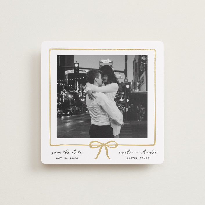 "lil bow" - Hand Drawn Foil-pressed Save The Date Cards in Linen by Jennifer Lew.