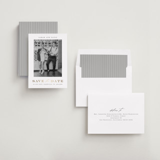 This is a midnight foil stamped save the date cards with foil pressed by Stacey Meacham called classic charm printing on recycled smooth signature in standard