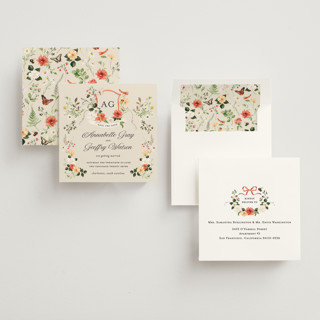 This is a linen foil stamped save the date cards with foil pressed by Sarah Knight called fleur printing on signature in square