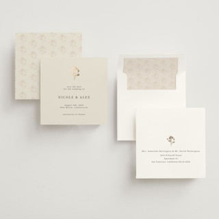 This is a sand foil stamped save the date cards with foil pressed by Hannah Bowman called petite jolie printing on signature in standard