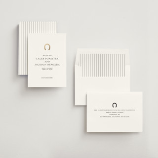 This is a pearl foil stamped save the date cards with foil pressed by Jenna Holcomb called ranch printing on signature in standard