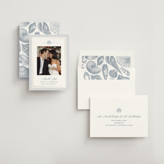 This is a coast foil stamped save the date cards with foil pressed by Kelly Schmidt called seashore printing on recycled smooth signature in standard