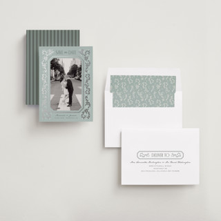 This is a seafoam foil stamped save the date cards with foil pressed by Laura Hankins called ornate vines printing on recycled smooth signature in standard