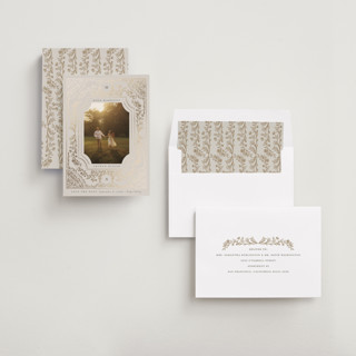 This is a fawn foil stamped save the date cards with foil pressed by Nicoletta Savod called romantics printing on recycled smooth signature in standard