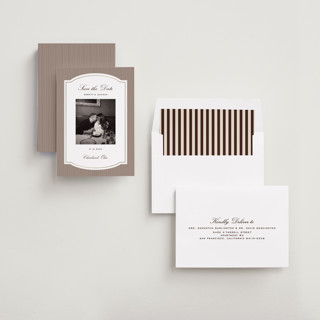 This is a mahogany foil stamped save the date cards with foil pressed by Emily Betts called lines frame printing on recycled smooth signature in standard