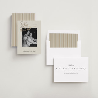 This is a champagne foil stamped save the date cards with foil pressed by Benita Crandall called flourishing script printing on recycled smooth signature in standard