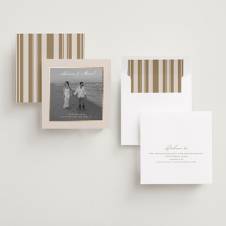This is a cream foil stamped save the date cards with foil pressed by Jelena Vuletic called ornate printing on recycled smooth signature in standard