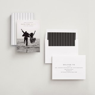 This is a ink foil stamped save the date cards with foil pressed by Stacey Meacham called uncomplicated printing on recycled smooth signature in standard