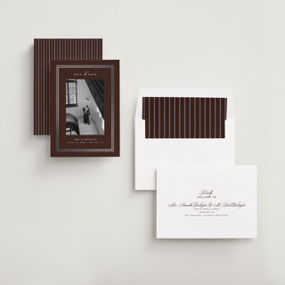 This is a espresso foil stamped save the date cards with foil pressed by Ana de Sousa called the metropolitan printing on recycled smooth signature in standard