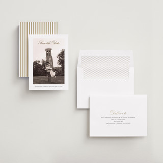 This is a cloud foil stamped save the date cards with foil pressed by Sara Hicks Malone called whisper printing on recycled smooth signature in standard