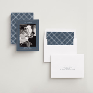 This is a steel foil stamped save the date cards with foil pressed by Nicole Walsh called double frame printing on recycled smooth signature in standard