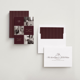 This is a black cherry foil stamped save the date cards with foil pressed by Ana de Sousa called the mosaic printing on recycled smooth signature in standard
