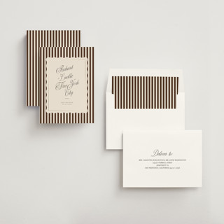 This is a chocolate foil stamped save the date cards with foil pressed by Baumbirdy called stripe frame printing on signature in standard