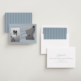 This is a french blue foil stamped save the date cards with foil pressed by Brianne Larsen called timeless love printing on recycled smooth signature in standard