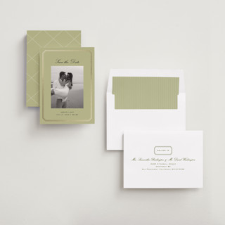 This is a chartreuse foil stamped save the date cards with foil pressed by chocomocacino called munkki printing on recycled smooth signature in standard