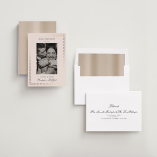 This is a vanilla foil stamped save the date cards with foil pressed by Benita Crandall called vintage border printing on recycled smooth signature in standard