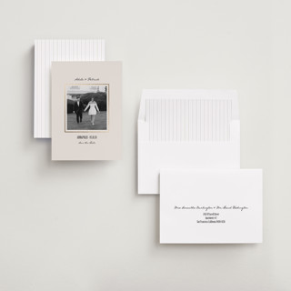 This is a cameo foil stamped save the date cards with foil pressed by Kristen Juckiewicz called treasured printing on recycled smooth signature in standard
