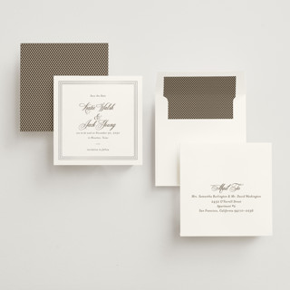 This is a espresso foil stamped save the date cards with foil pressed by Megan Davis called coquille printing on signature in standard