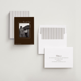 This is a copper foil stamped save the date cards with foil pressed by Baumbirdy called matte printing on recycled smooth signature in standard