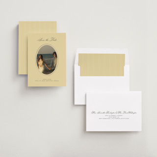 This is a butter foil stamped save the date cards with foil pressed by Ani Somi called finer things printing on recycled smooth signature in standard