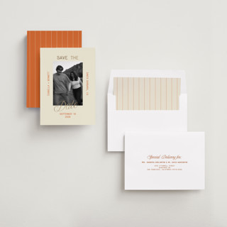 This is a persimmon foil stamped save the date cards with foil pressed by Roseberry called bennett printing on recycled smooth signature in standard