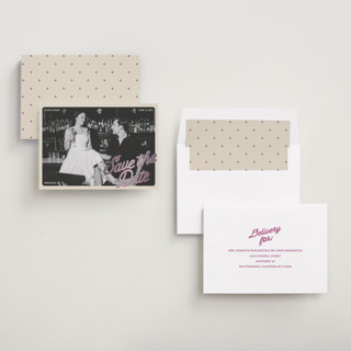 This is a plum foil stamped save the date cards with foil pressed by Inkblot Design called bartop printing on recycled smooth signature in standard
