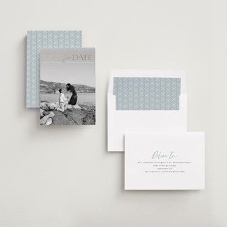This is a moonstone foil stamped save the date cards with foil pressed by Olivia Raufman called breathtaking printing on recycled smooth signature in standard