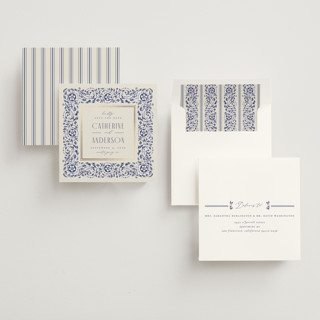 This is a dynasty blue foil stamped save the date cards with foil pressed by Ana de Sousa called tiled romance printing on signature in standard