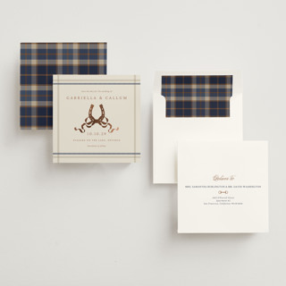 This is a midnight foil stamped save the date cards with foil pressed by Sam Dubeau called equestrian printing on signature in standard