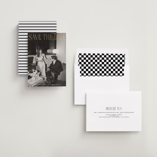 This is a snow foil stamped save the date cards with foil pressed by Maja Cunningham called classic timeless printing on recycled smooth signature in standard