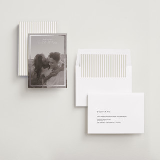 This is a quartz foil stamped save the date cards with foil pressed by Jenny Millington called boxed in printing on recycled smooth signature in standard