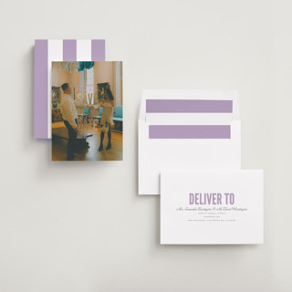 This is a lavender foil stamped save the date cards with foil pressed by Owl and Toad called full page printing on signature in standard