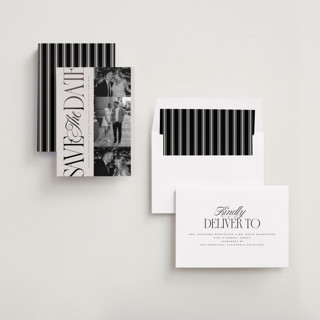This is a stone foil stamped save the date cards with foil pressed by Laura Hankins called sideline printing on recycled smooth signature in standard