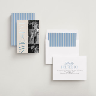 This is a sky foil stamped save the date cards with foil pressed by Laura Hankins called sideline printing on recycled smooth signature in standard