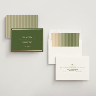 This is a olive foil stamped save the date cards with foil pressed by Megan Davis called aperitif printing on signature in standard