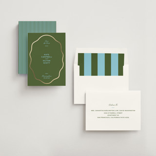 This is a olive foil stamped save the date cards with foil pressed by Megan Davis called croquet printing on signature in standard