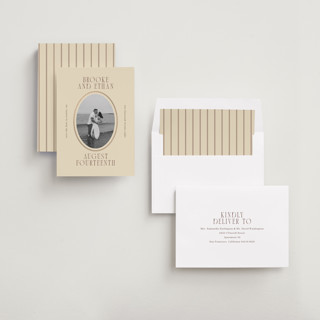 This is a buttercream foil stamped save the date cards with foil pressed by Angela Garrick called ethan printing on recycled smooth signature in standard