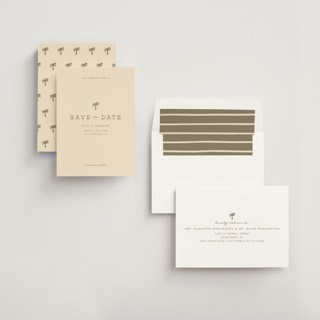 This is a sand foil stamped save the date cards with foil pressed by Olivia Goree called vacation printing on signature in standard