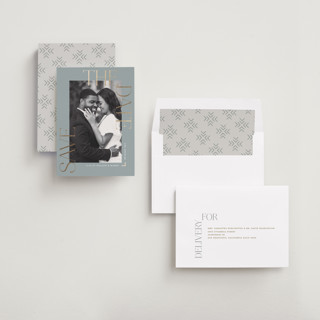 This is a pebble foil stamped save the date cards with foil pressed by Susan Zinader called picturesque printing on recycled smooth signature in standard