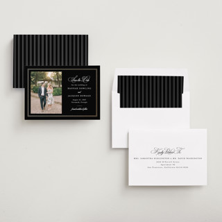 This is a caviar foil stamped save the date cards with foil pressed by Sarah Brown called traditionally printing on recycled smooth signature in standard