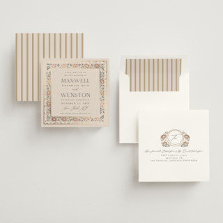 This is a champagne foil stamped save the date cards with foil pressed by Ana de Sousa called timeless nature printing on signature in square